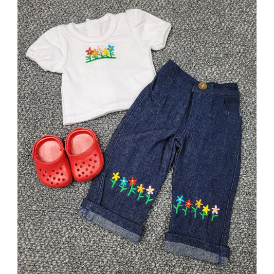 Doll Outfit Denim Pants Flower Embroidery Garden Shoes Spring 3PC Casual Clothes