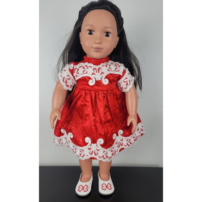 Doll Dress Fancy Red Lace Glitter Bow Flats Outfit Holiday Fit American Girl 18"