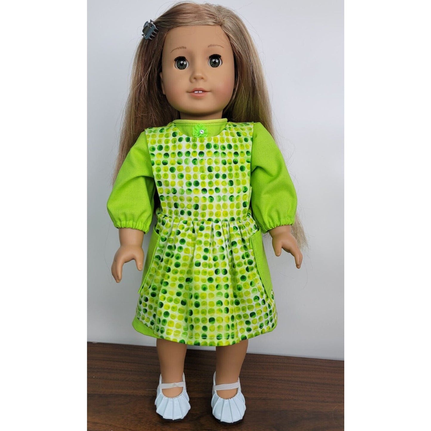 Doll Clothes Pinafore Dress Green Polka-Dot Spring Fashion Apron Pockets Shoes