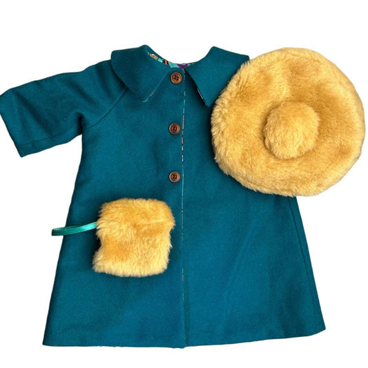 Doll Wool Overcoat Teal Fur Hat Muff Funky Lining Fits American Girl & 18" Dolls