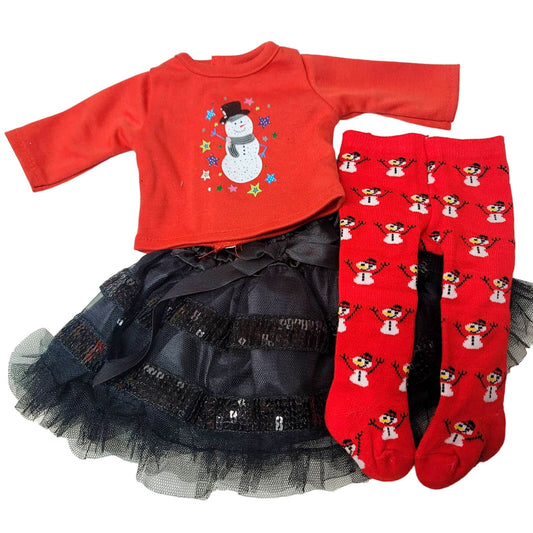 Doll Outfit Holiday Red Snowman Shirt Tights Black Skirt Fits American Girl 18"
