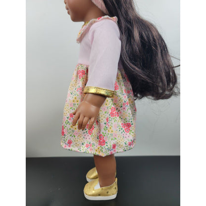 Doll Clothes Floral Dress Pink Headband Gold Shoes 3PC Outfit fits 18 Inch Dolls