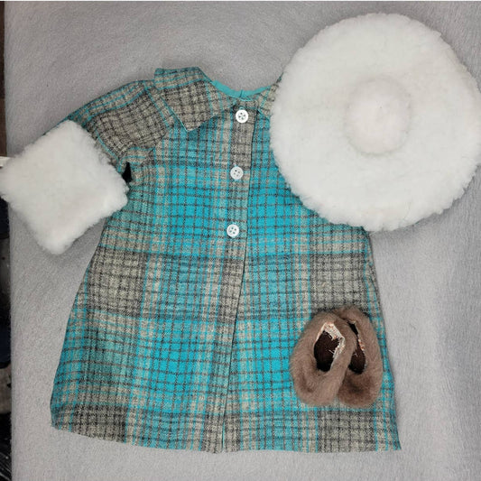 Doll Wool Overcoat Teal Plaid Sherpa Hat Muff Set Fits American Girl & 18" Dolls