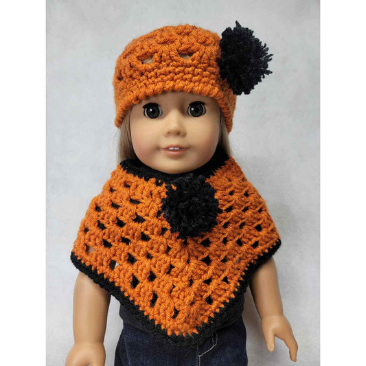 Doll Clothes Poncho & Hat Set Orange Black Pompom Fits American Girl & 18" Dolls