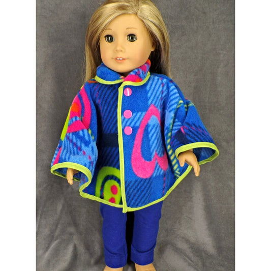 Doll Clothes Fleece Poncho Blue w/ Hearts Cape Handmade Fits 18 in and American Girl Dolls