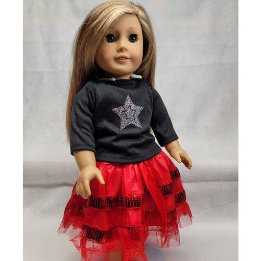 Doll Petti Skirt Outfit Red Sequin Star Shirt Fits American Girl 18" Dolls 2pc