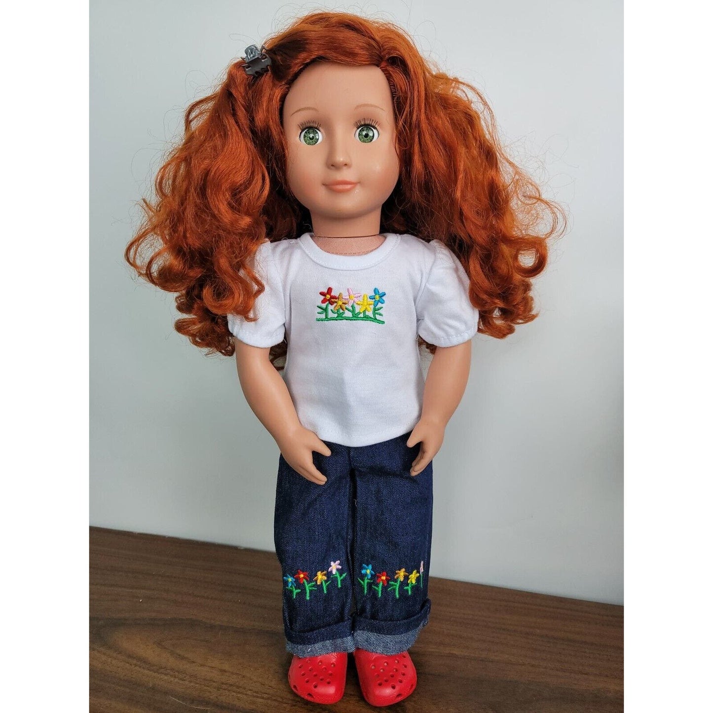 Doll Outfit Denim Pants Flower Embroidery Garden Shoes Spring 3PC Casual Clothes