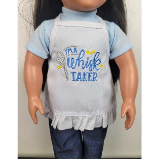 Doll Apron Blue Whisk Taker Embroidered fits 18in American Made Pretend Cook