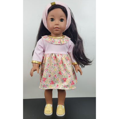 Doll Clothes Floral Dress Pink Headband Gold Shoes 3PC Outfit fits 18 Inch Dolls