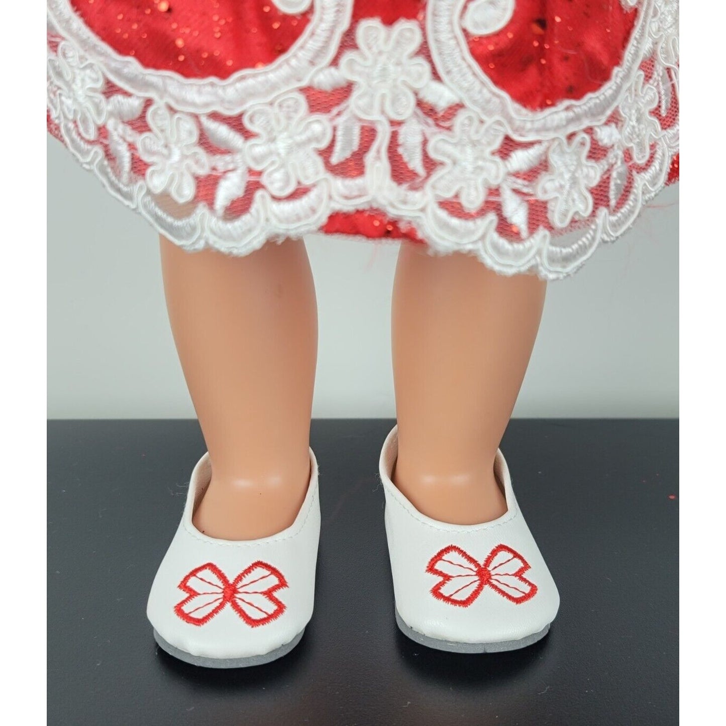 Doll Dress Fancy Red Lace Glitter Bow Flats Outfit Holiday Fit American Girl 18"