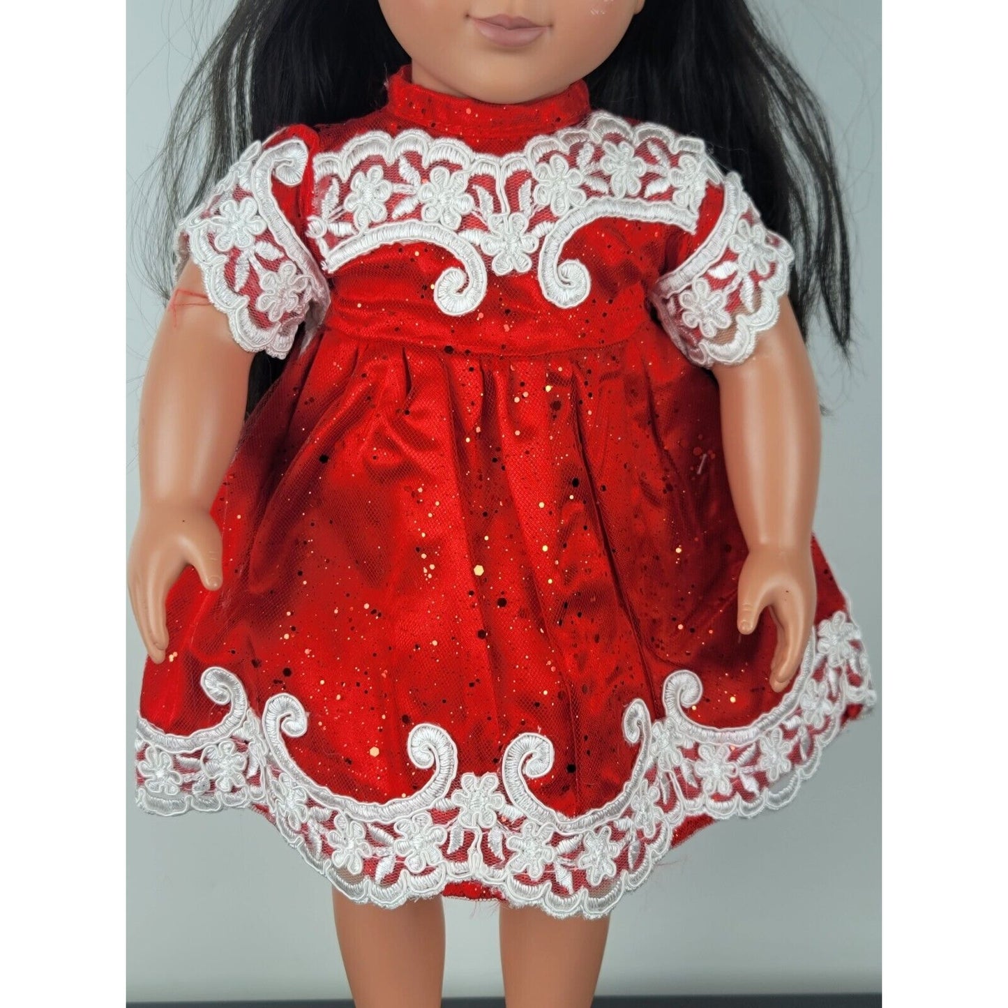 Doll Dress Fancy Red Lace Glitter Bow Flats Outfit Holiday Fit American Girl 18"