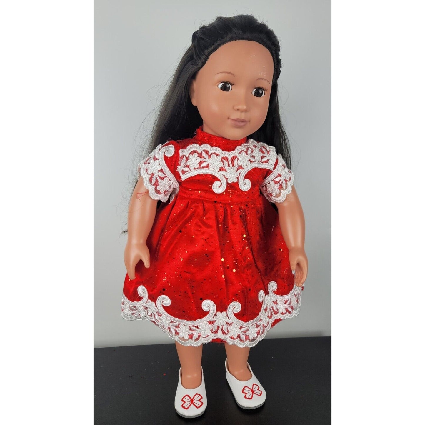 Doll Dress Fancy Red Lace Glitter Bow Flats Outfit Holiday Fit American Girl 18"