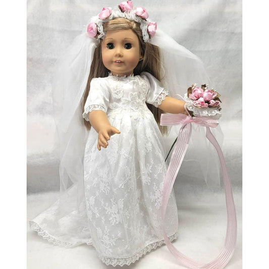 Doll Clothing Wedding Dress Veil Bouquet Roses Pink Fits American Girl 18" Dolls