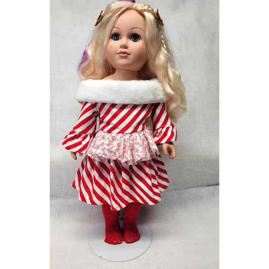 Doll Dress Holiday Outfit Tights Candy Stripe Fits American Girl & 18" Dolls