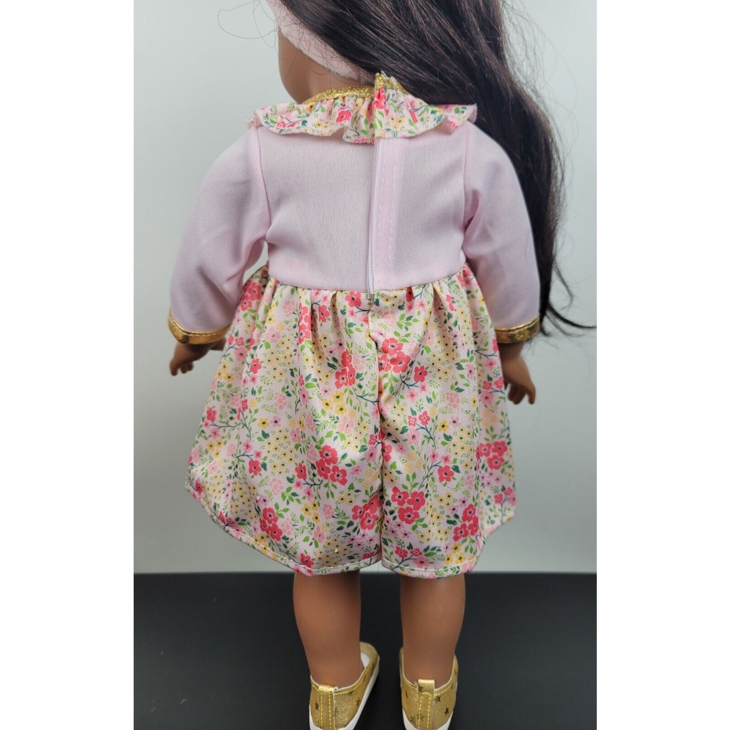 Doll Clothes Floral Dress Pink Headband Gold Shoes 3PC Outfit fits 18 Inch Dolls