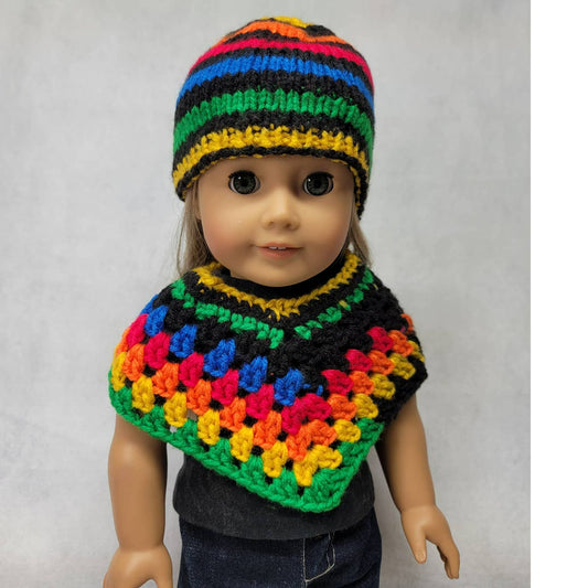 Doll Clothes Poncho & Knit Hat Set Rainbow Stripe Fits American Girl & 18" Dolls