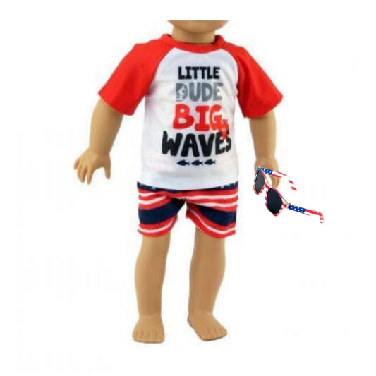Doll Outfit Shorts Top Sunglasses Big Waves Red White Blu Fits American Girl 18"