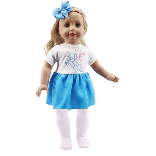 Doll Dress Blue Unicorn White Tights Outfit 3pc 18-inch fits American Girl Dolls